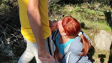 OUTDOOR SEX. Hard Fucking Redhead Horny Curvy Mommy in the Park