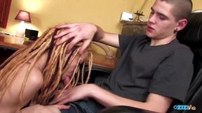 Redhead with dreads wears black stockings and gets penetrated hard