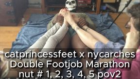 4 feet, 7 nuts, Double Goddess Footjob Marathon, back to back 1-5 orgasms of 7, bbc toejob solejob, pov2 toes and arches view