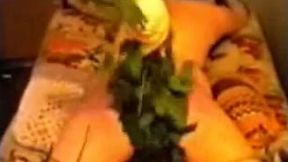 Amateur whipping and nettles as wife lies on bed with hands tied