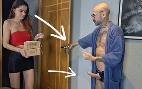Perverted Old Man Receives Delivery Girl with His Dick Out!