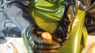 Hand Job with rubber gloves and double LATEX raincoat