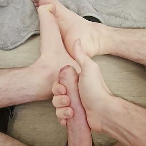 Straight guy playing with his uncut cock until cumming on his feet and rubbing it in.