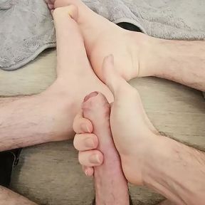 Straight guy playing with his uncut cock until cumming on his feet and rubbing it in.