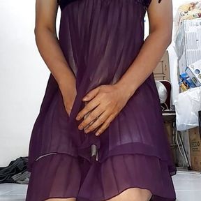 Asian crossdresser satin chiffon dress cum pleasure