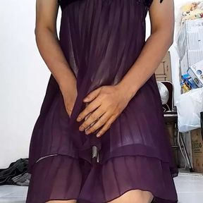 Asian crossdresser satin chiffon dress cum pleasure