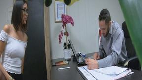 ”Horny Asian workmate fucking a dildo in front of her interviewer”