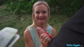 Stunning Czech blonde mesmerizes with allure in a bold street romp