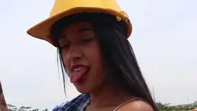 Petite Latin beauty shows off her tiny jugs and gets a sticky surprise