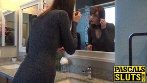Brunette teen with small tits cums all over stiff cock