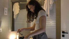 Alicia’s Plaid Uniform: College Girl in Bathroom
