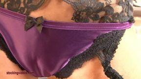 Depraved Bitch Marry Queen in Black Stockings, Shiny Purple Satin Panties &amp; Plastic Coat Whip Tease