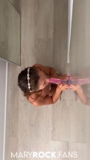 The girl attached a rubber dick to the wall and got an orgasm from it
