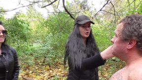 Slapping session in the forest for the naked male slave
