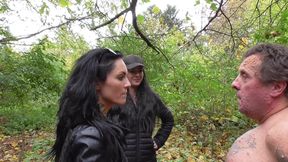Slapping session in the forest for the naked male slave