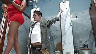 Busty TS anal fucks man in restroom