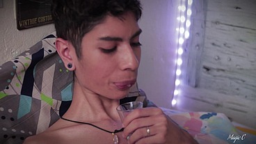 Hot Big Dick Latino Magic C Jerks With Spit, Cums Inside a Cup and Lets It Drip Into His Mouth to Swallow His Own Cum