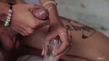 Hot Big Dick Latino Magic C Jerks With Spit, Cums Inside a Cup and Lets It Drip Into His Mouth to Swallow His Own Cum