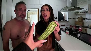 Amateur brunette with round ass gives a blowjob and takes it in the Kitchen