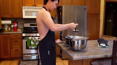 Chinese cutie making soymilk while masturbating in the ktichen