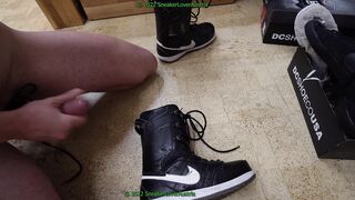 cutting pounding trashed sneaker and snowboard shoes