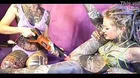Lovely inked babe anally demolished by fuckmachine - heavy lezzie squirt