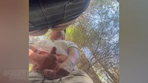 Arched over inbetween some trees, he gets it raunchy and wet