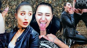Brunette in leather pants gets massive facial in public