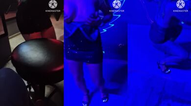 Blonde milf sucks stranger at swinging club while husband watches
