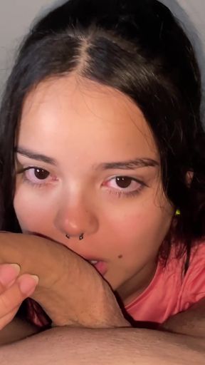Naughty Brunette with Hard Tits Showing on Her Shirt Giving a Deep Blowjob on a Big Pink Dick