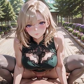 Purple-eyed Blonde Goddess in Black Lace Lingerie Green Tight Mini Dress Grey Stockings High Heels