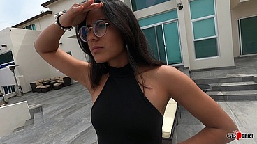 Young hairy bush latina outdoor session with older man pool session public