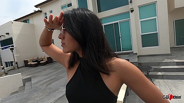 Young hairy bush latina outdoor session with older man pool session public