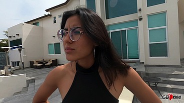 Young hairy bush latina outdoor session with older man pool session public