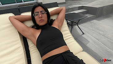 Young hairy bush latina outdoor session with older man pool session public