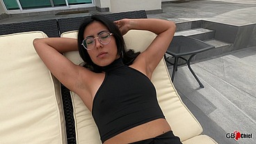 Young hairy bush latina outdoor session with older man pool session public