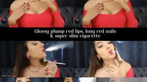 Glossy plump red lips, long red nails & super slim cigarette