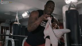 Black trainer Lexi Lore fucks short blonde cutie doggystyle in the gym
