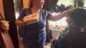 Dominant domina covers her slave in sploshing eggs