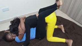 Flo is in bondage and Gagged and Foot Tickled and wrestled by Jane
