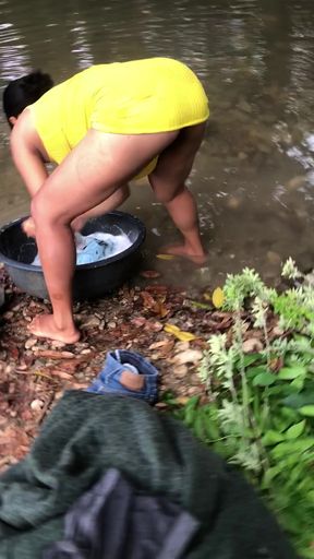 Pervert records me while I&#039;m washing in the river part2
