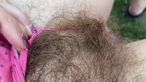 closeup hairy pussy in panties outdoor huge bush