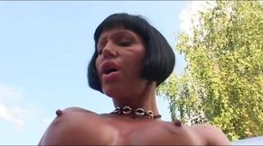Outdoor sex on a car with hot brunette bomb MILF in sexy fishnets