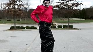 Satin Crossdresser walk outside - harness