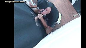 Mature DILF slurping on gloryhole cock till mouth spermed