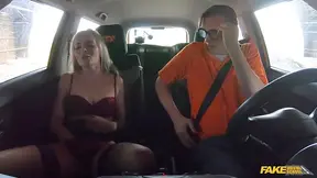 Golden-haired MILF gets a wet and messy suck in a fake driving school scenario