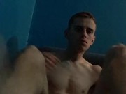 Undressing and playing with uncut cock
