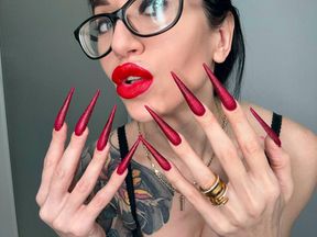 RED Long nails, sharp stilettos, long fingers sucking, lace lingerie on me
