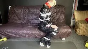 ***New Modell Courtney*** Wearing A Sexy Black Shiny Nylon Rain Pant And A A Black Rain Jacket Being Tied And Gagged With Tape And A Ballgag On A Sofa (Video)