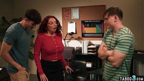 Red mature teacher Kiki Daire double penetrated by her big cocked students